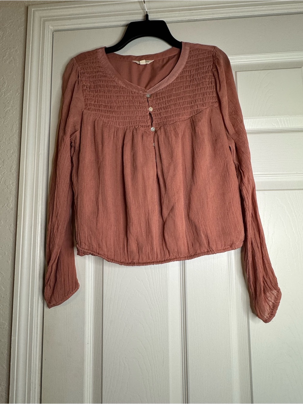 Lucky Brand Smocked Yoke Long-Sleeve Blouse - Dusty Rose